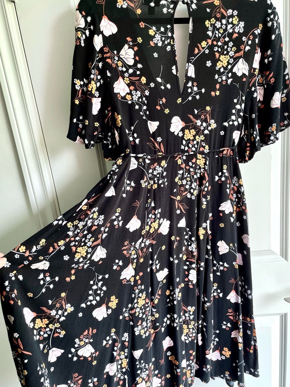 TORRID Black Floral Faux-Wrap Midi Dress with Blush and Mustard Accents - Picture 5 of 6